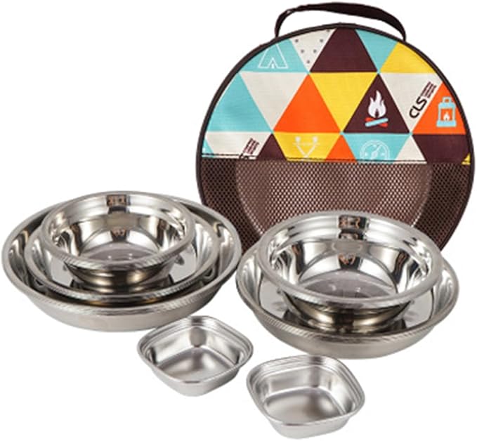 Portable Outdoor Camping Tableware Food-Grade Stainless Steel Plates Bowls Cutlery with Storage Bag Lightweight Compact Dining Tools for Hiking Picnic Rv and Travel