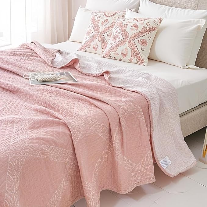 ITFRO Pink Cooling 3 Layer Cotton Muslin Blanket for Hot Sleepers Twin Size 60x80 Inches Lightweight Breathable Reversible Summer Camping Blanket All Seasons for Couch Sofa Bed (Solid Pink 60x80)