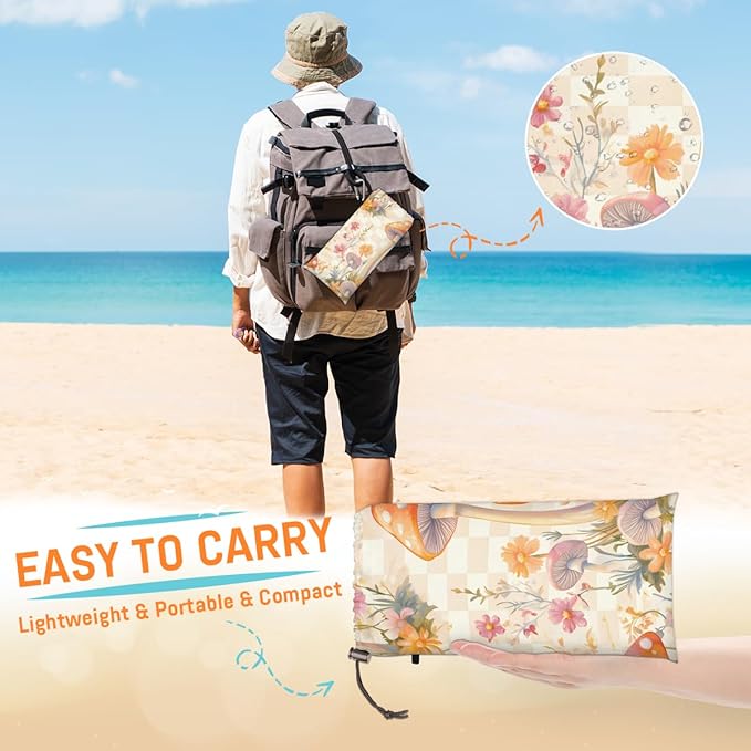 Waterproof Sandproof Beach Blanket 59''×68'' Mushrooms Decoration Polyester Outdoor Picnic Blanket with 4 Stakes &amp Storage Bag for BeachCampingVacation Beige