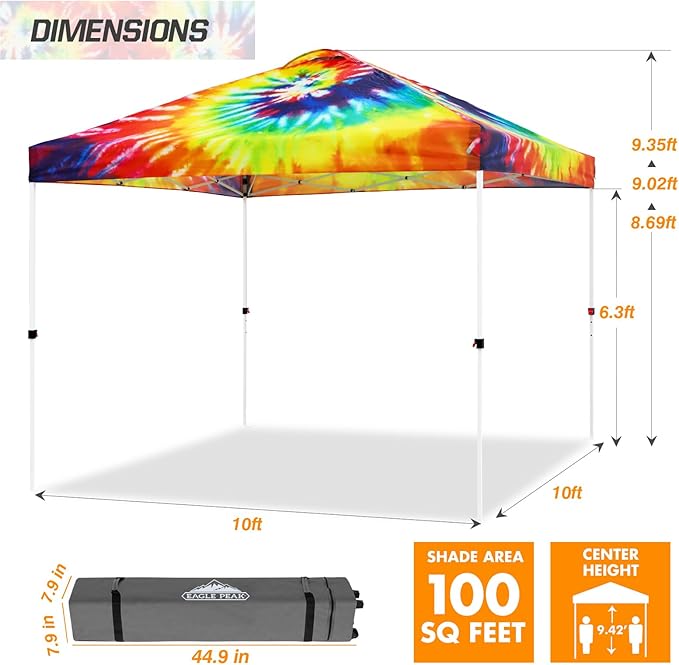 EAGLE PEAK Pop Up Canopy Tent with Wheeled Carry Bag 8 Stakes 4 Ropes 4 Weight Bags Easy Set Up Tent Canopy 10x10 ft 100sqft of Shade Cosmic Tie Dye