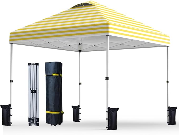 Nazhura 10' x 10' Pop Up Canopy with Sand Weight Bag Awing for Patio Freestanding Sun Shelter for Picnic and Camping One Person Setup White (Yellow Stripe)
