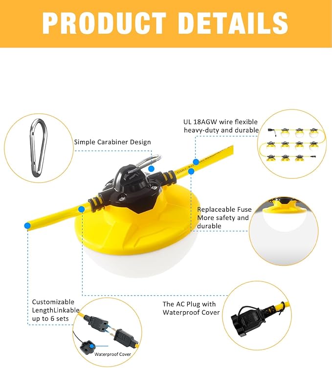 100FT Construction String Light 130W 16000Lm 5000K Industrial Grade LED String Work lights IP65 Waterproof Temporary Lighting for Construction Sites Renovation Mine Cave Job Site Walkways