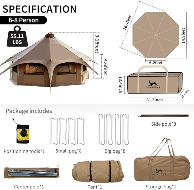 MC TOMOUNT Canvas Tent Bell Tent 16.4ft*9.2ft with Stove Jack for Glamping Family Camping Zipped Removable Floor