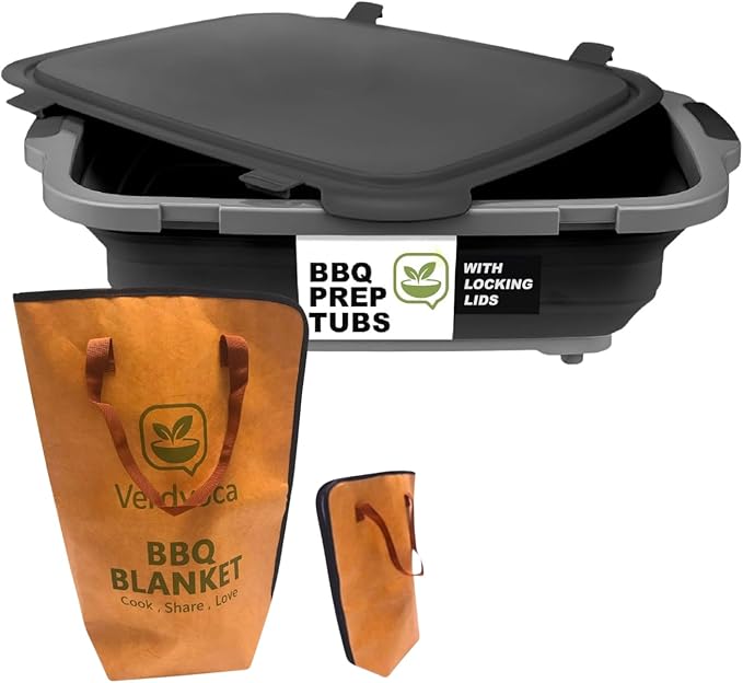 16L Black Collapsible BBQ Prep Tub with Locking Lids &amp 21 Inch Pro Tyvek Brown BBQ Blanket for Resting Meat