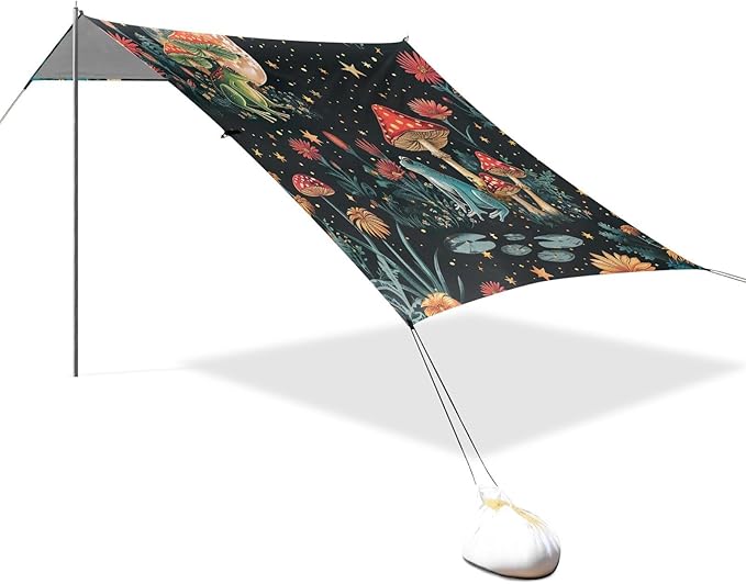 Mushrooms and Flowers Beach Tent Sun Shelter 9.2' x 10.5' Beach Canopy with 4 Sandbags 4 Stability Poles Sand Shovels - Tent Canopy for Beach Camping Fishing Picnics