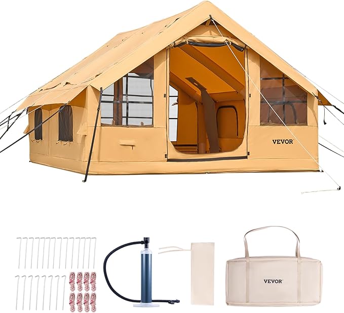 VEVOR Inflatable Tents for Camping Easy Setup Blow up Tent with Hand Pump 4 Season Glamping Tent with Stove Jack Doors &amp Mesh Windows Storage Bag Included for Easy Taking