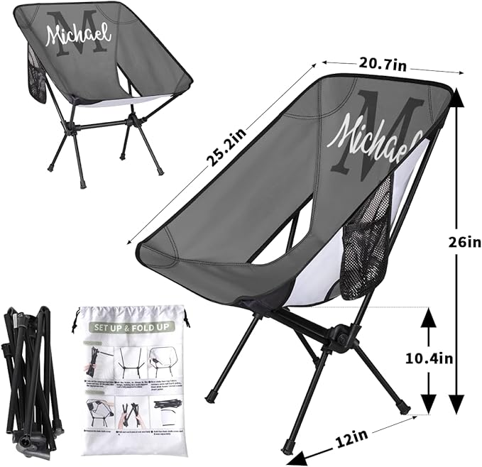 Custom Gray Portable Camping Chair Personalized Backpacking Chair with Name Lightweight Foldable Chairs for Hiking Beach