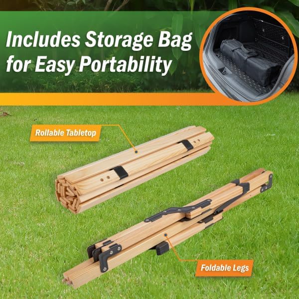 Foldable Camping Table - Roll Up Folding Table - Easy Assembly Portable Picnic Table with Carry Bag - Indoor or Outdoor Low Height Travel Party or Beach Table by Wakeman Outdoors (Natural Wood)