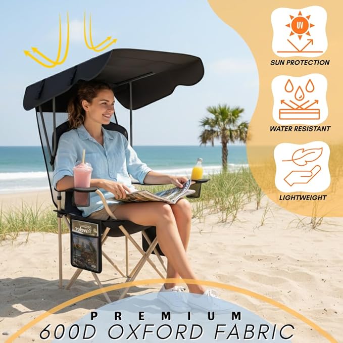 Portable Folding Camping Chairs with Canopy Shade Beach Chair for Adults Durable Weather Resistant 600D Oxford Cloth Camping Chair with Canopy for Outdoors [Black]