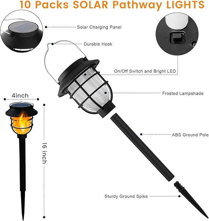 10 Pack Solar Pathway Lights Outdoor - Bright Solar Powered Garden Lights with Flickering Flame Auto On/Off Waterproof Path Lights Decorative Landscape Lighting for Yard Patio Walkway Driveway