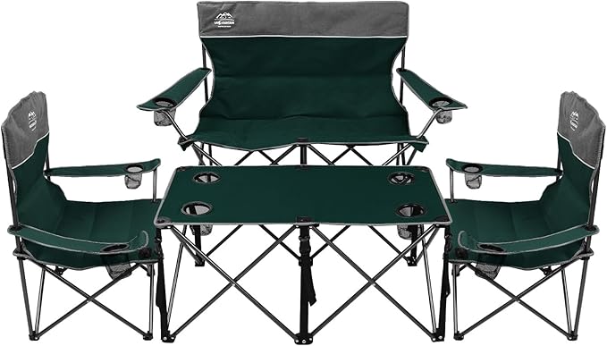 Oversized 4 Pcs Camping Chair Set with TableOutdoor Folding Heavy Duty Lawn ChairCup HolderPortableLoveseat Chair Perfect for Family HikingPicnics and Beach TripsDark Green