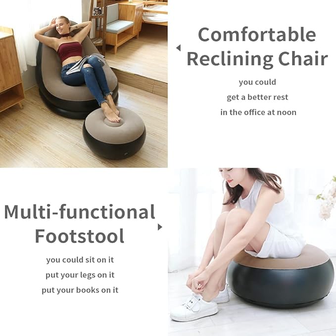 STARBRILLIANT Inflatable Living Room Furniture Chair with Stool for Resting Feet Indoor Foldable Deck Chaise Lounges with Air Pump Travel Camping Picnic Beach Chair(Brown)