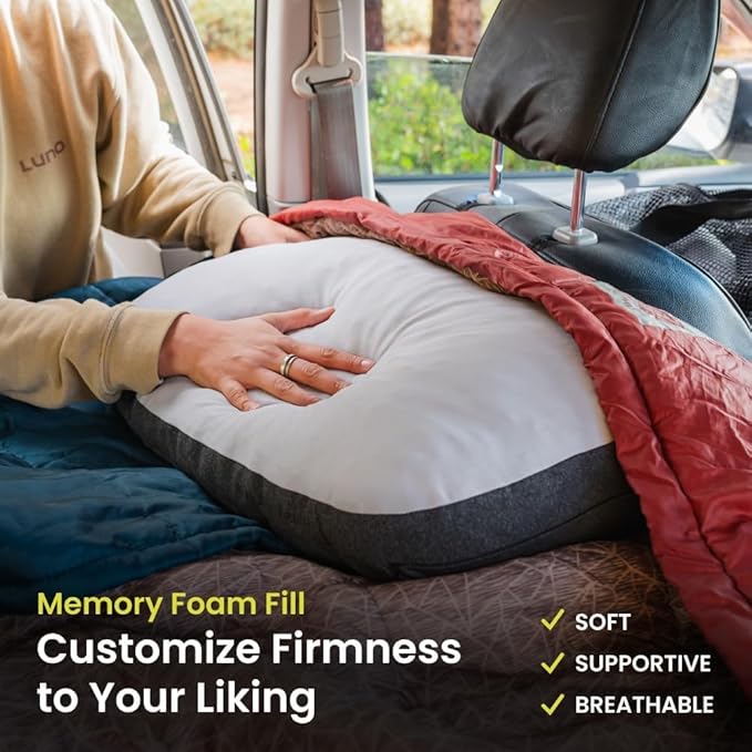Luno Shredded Memory Foam Camping Pillows - Portable Travel Pillow for air Planes Hiking Car &amp Camp w/Removable Cover - Double Sided Cool &amp Cozy Pillow - 16.5x11 Plush
