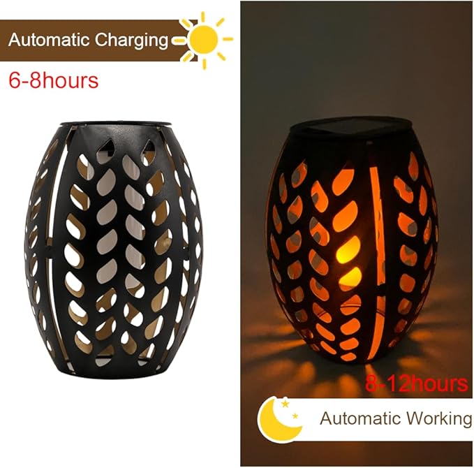 2PCS Solar Table Lanterns with Flickering Flame Light Outdoor Waterproof Metal Desktop Decorative Lamp with Hollow Design for Tabletop Garden 7.3 H Black Leaf