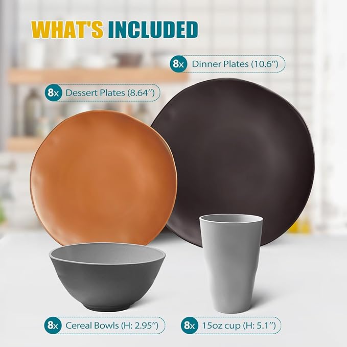 Teivio 32-Piece Kitchen Plastic Wheat Straw Dinnerware Set Service for 8 Dinner Plates Dessert Plate Cereal Bowls Cups Unbreakable Plastic Outdoor Camping Dishes Smoky Brown
