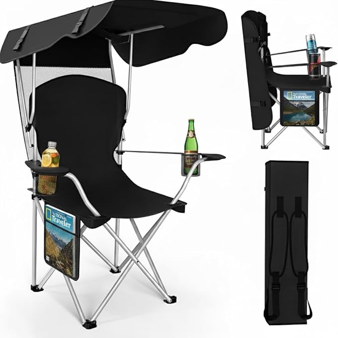 Portable Folding Camping Chairs with Canopy Shade Beach Chair for Adults Durable Weather Resistant 600D Oxford Cloth Camping Chair with Canopy for Outdoors [Black]