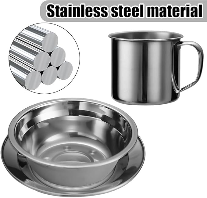 2PCS Camping Mess Kits Stainless Steel Camping Dishes Including Cups Bowls Plates Knives Forks Spoons for 2 Persons Backpacking Hiking Picnic
