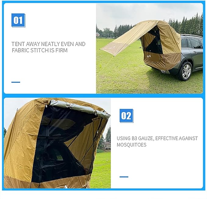 Portable SUV Tent Car Awning Brown Camping Car Trunk Tent with Wind-Resistant Ropes and Hooks Large Space Compact Cllapsible for Outdoor Beach Camping Auto Canopy Shade