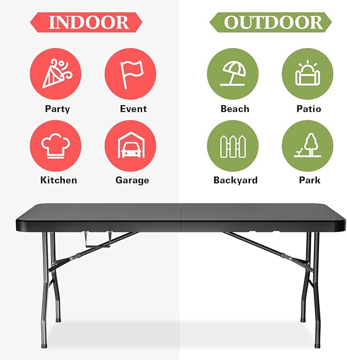 6ft Heavy-Duty Portable Outdoor Folding Table for 6 - Sturdy HDPE Top 350lbs Capacity Lockable Design No Assembly - Camping Parties Picnics (Black)