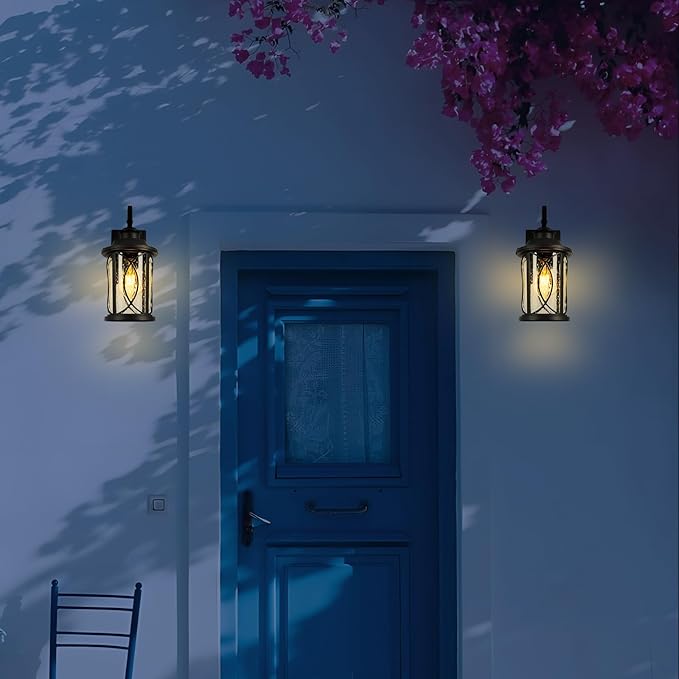 Treekee Outdoor Light Fixture Wall Mount Modern Exterior Wall Sconce with Seeded Glass &amp E26 Sockets for Front Porch Farmhouse Rustic Black Wall Lantern Lamp for Patio Garage Home Yard