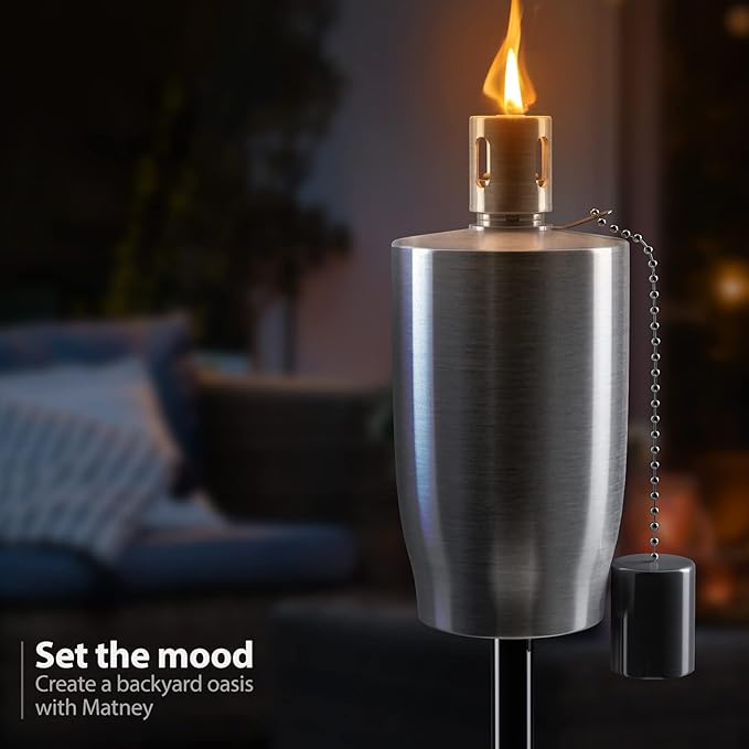 Matney Stainless Steel Outdoor Torches - Decorative Garden &amp Yard Lights - 5 ft Oil Lamp for Citronella - Fiberglass Wick &amp Snuffer Cap - Set of 4 (Cylinder)