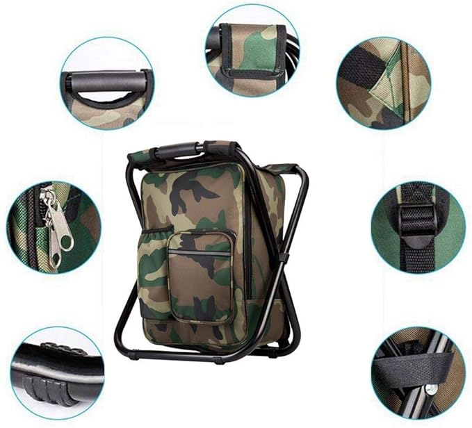 Bright starl Upgraded Large Size 3 in1 Multifunction Fishing Backpack Chair Portable Hiking Camouflage Camping Stool Folding Cooler Insulated Picnic Bag Backpack Stool