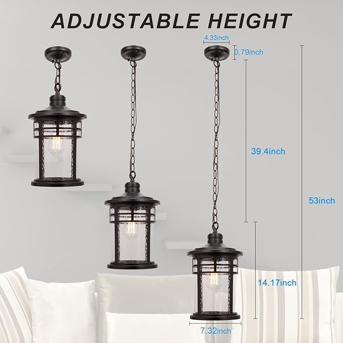 Darkaway Large Outdoor Pendant Lights 15inch Outdoor Chandelier Hanging Porch Lights Outside Ceiling Mount Aluminum with Seeded Glass for Front Door Gazebo Patio (Large Black)