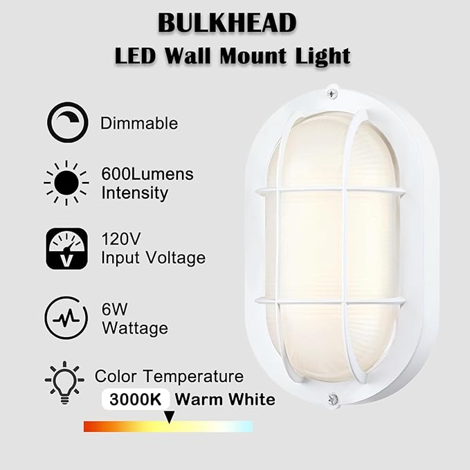 Oval Bulkhead Light Fixture Dimmable Outdoor Wall Lantern LED Nautical and Sauna Light 600 Lumen 3000K Warm White Waterproof White Aluminum with Forested Glass 1-Pack