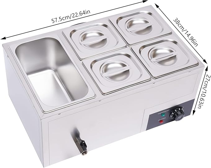 110V 5-Pan Commercial Food Warmer 600W Electric Steam Table 15cm/6inch Deep Professional Stainless Steel Buffet Bain Marie with Temperature Control for Catering and Restaurants (5-Pan)