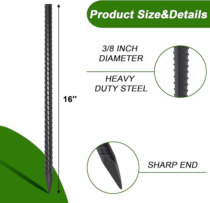 AAGUT Rebar Stakes 16 inch (34pcs) Heavy Duty 3/8” Ground Anchors Steel Garden Stakes Metal Straight Camping Tent Spikes with Chisel Point End for Hard Soil Black Powder Coated