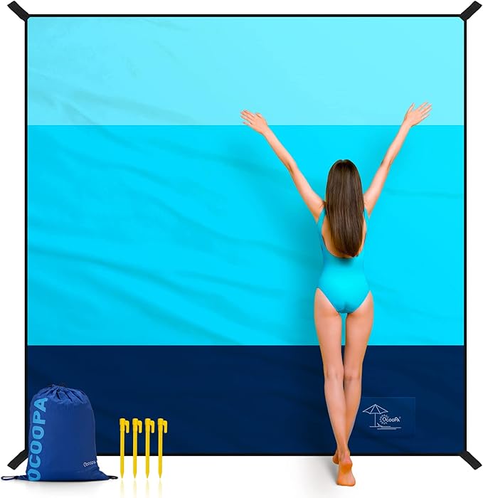 OCOOPA Beach Blanket Extra Large Sandproof Waterproof Picnic Mat 8 Persons Family Size Sand Free Comfortable Durable Parachute Nylon 210T Lightweight 4 Stakes&amp1 Travel Bag S09