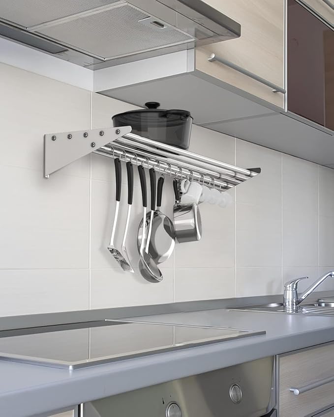 Floating Shelves for Wall NSF Commercial Wall Shelf 12 x 24 Shelf Pot Rack with Backsplash &amp 10 Hooks Stainless Steel Floating Shelves for Hanging Pots Pans Cookware