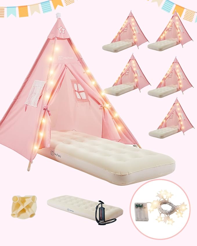 6 Pack Teepee Tent for Kids with Inflatable Airbed Light Toddler Tent Children Room Tents Slumber Party Sleepover Tents Indoor Outdoor Kids Playtent Playhouse for Girls &amp Boys