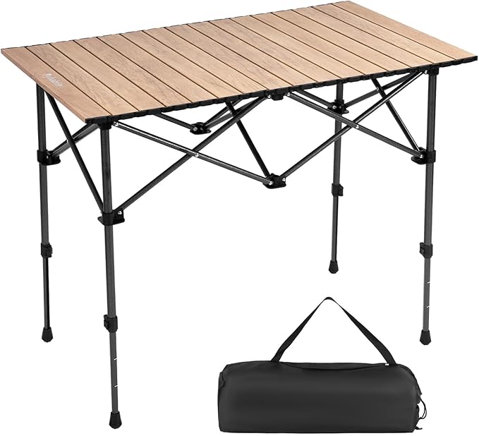 Camping Table Folding Portable Camp Aluminum Fold Up Lightweight Roll Up Table Adjustable Height with Carry Bag Indoor Outdoor for Camping Picnic Backyard BBQ Patio Wood Grain