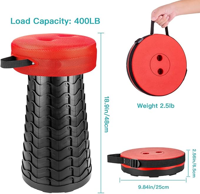 Boreeman Upgraded Folding Stool with Cushion Lightweight Yet More Sturdy with Load Capacity 400lbs Portable Collapsible Stool Retractable Stool for Camping Fishing Hiking BBQ (Red)