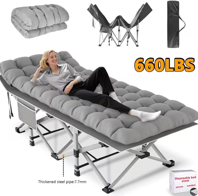 1200D Oxford Canvas Folding Camping Bed Adult Soft Foam Mat and Carrying Bag - Double Deck PortableOutdoor Folding Chair with MattressCamping Equipment (Grey-660(with Disposable Sheet))