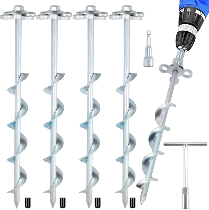 Ground Anchors Screw in – 8 Pack Spiral Tent Stakes heavy duty with Drill Socket &amp T-Handle 12 Inch Trampoline Anchor with Hook &amp Ring Design for Tents Sheds Canopies Swing Sets Gazebo(8)