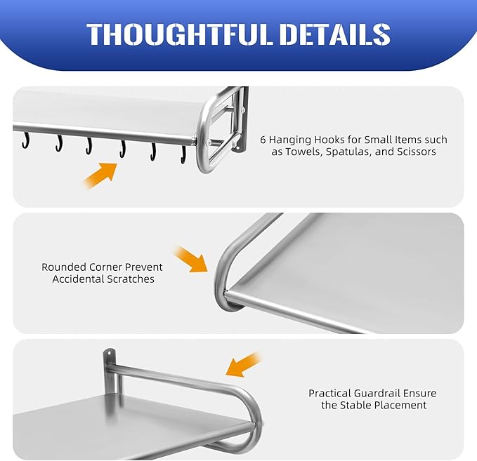 Microwave Oven Shelf Wall Mount Stainless Steel Over The Stove Bracket Holder with 6 Hooks Microondas Rack for Dorm Apartment Kitchen Bedroom W20.8 X D14.9 X L7.1in