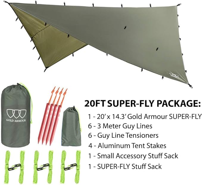 Gold Armour Rainfly Tarp Hammock Premium 20ft x 14.3ft Rain Fly Cover Waterproof Ultralight Camping Shelter Canopy Must Have Camping Essential Accessories (OD Green)