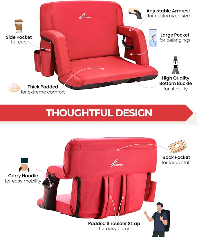 Sportneer Stadium Seats with Back Support: 2.5'' Thick Comfy Cushion 6 Adjustable Angle Bleacher Seat with Armrest - 2 Large Pockets 2 Cup Holders Stadium Chair for Sport Events Concerts Parks