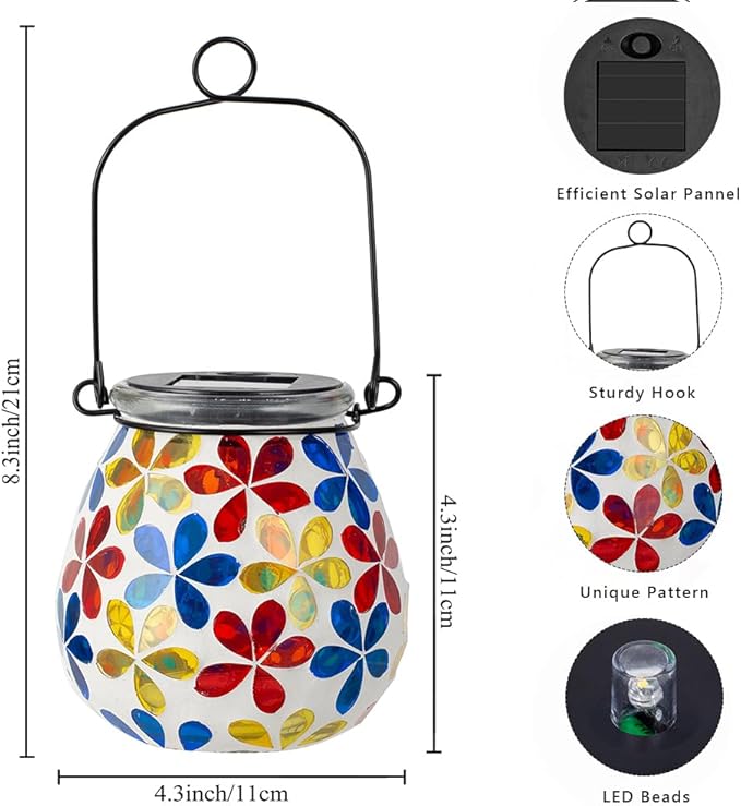 Stargarden 2Pack Mosaic Solar Lanterns Glass Hanging Lantern Waterproof Outdoor Haning Lights Flower Decorative Table Lamp for Garden PatioYard Decor