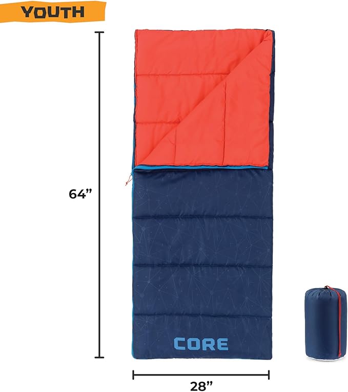 CORE 50 Degree Youth Sleeping Bag | Lightweight &amp Compact for Boys &amp Girls | Perfect for Indoor or Outdoor Use Camping Backpacking Hiking &amp Sleepovers | Ideal for Warm &amp Cooler 3 S