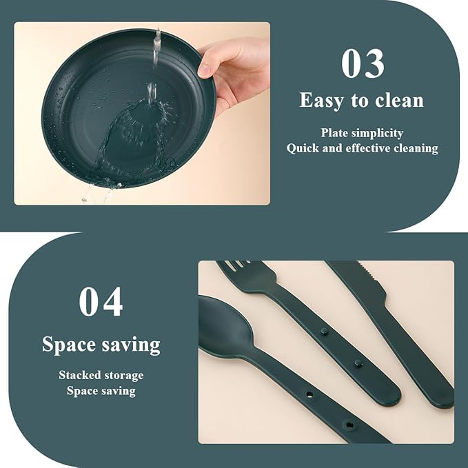 Camping Mess Kit for 4 with Bowl Plate Cup Spoon Fork Knife and Carry Bag Plastic Camping Accessories Essentials Gear for Travel Picnic Outdoor Easy to Carry &amp Store