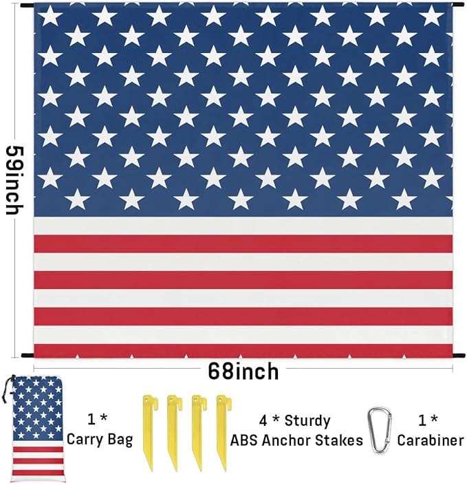 American Flag Beach Blanket Sandproof Beach Mat 68 x 59 Waterproof Quick Drying Sand Free Mat with 4 x Ground Spikes for Outdoor Travel Camping Hiking America 4th of July