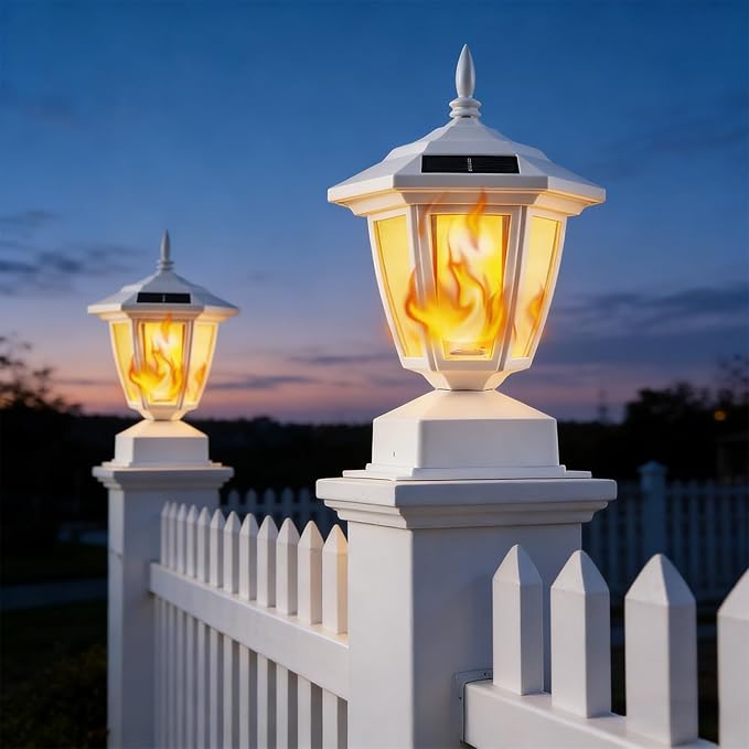 Dynaming 2 Pack Solar Flame Post Lights Outdoor Solar Powered Lamps Fence Post Cap Lights Flickering Flame LED Lantern Waterproof for Garden Deck Patio Fit 4x4 5x5 or 6x6 Wooden Posts White Shell