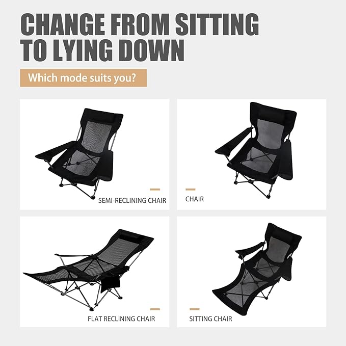Reclining Camping Chair with Removable Footrest Adjustable Camping Lounge Beach Chair with Padded Headrest Cup Holder &amp Carry Bag Camp Chair with Foot Rest Lawn Chair for Outdoor Patio Black M