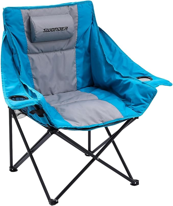 Swonder Oversized Moon Camping Chair with Innovative 2-in-1 Removable Seat Cushion for All Seasons Heavy-Duty Fully Padded Folding Outdoor Chair with Headrest and Carry Bag