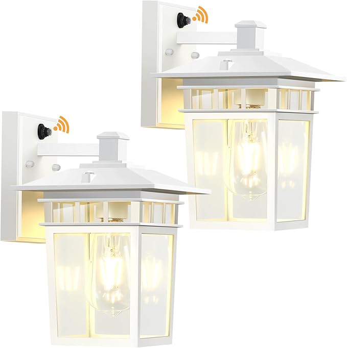 Compact Dusk to Dawn Outdoor Lighting Fixtures Wall Mount Sensor Exterior Wall Lights for House Anti Rust Porch Light White Sconce Lamp Waterproof Wall Lantern for Doorway Garage 2-Pack