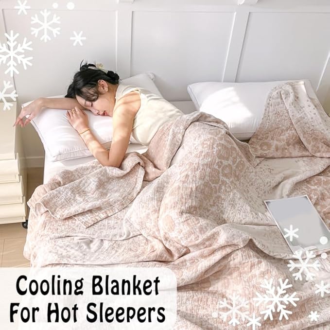 ITFRO Leopard Cooling 3 Layer Cotton Muslin Blanket for Hot Sleepers 80x92 Inches Lightweight Breathable Reversible Summer Camping Blanket All Seasons for Couch Sofa Bed (Leopard Khaki 80x92)