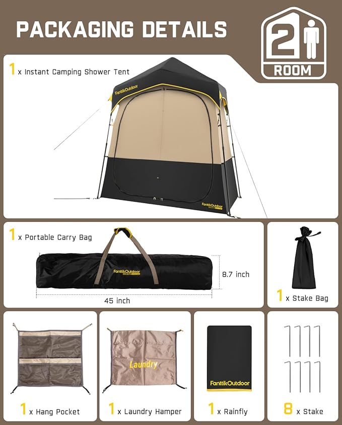 FanttikOutdoor Zeta A2 Pro Shower Tent 2 Rooms Portable Privacy Shelter for Shower &amp Dressing Instant Setup in 60 Seconds with Rainfly &amp Windproof Ideal for Camping &amp Hiking Fishing B